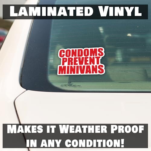 Image of Condoms Prevent Minivans Funny Vinyl Decal Sticker|Cars Trucks Vans Walls Laptops Cups|Red on White Background |5.5 inches|KCD919R
