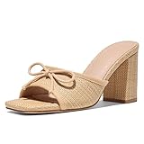Erocalli Mules for Women 2026 Brown Sandals Bow Square Open Toe Slides - Chunky, Block, Raffia, Slip On, Summer, Comfortabal Shoes