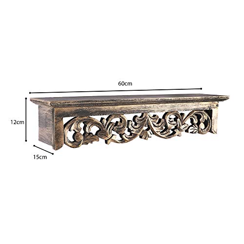 Image of THE URBAN STORE Shelf Wooden Wall Mounted Distressed Gold Color 60 x 15 X 12 CM Pack of One French Country Style Elegantly Floral Hand Crafted for Home and Office Decor TUSSLF06