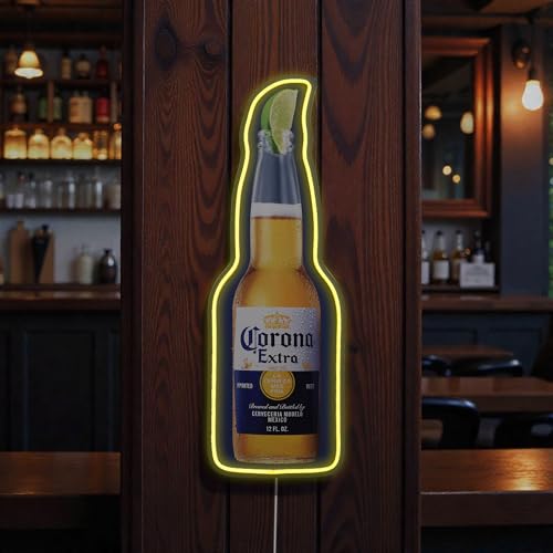 American Art Decor Classic Cerveza Corona Extra Bottle LED Plaque Sign - Retro Bottle Lighted Wall Decor for Man Cave Garage Bar & Game Room - Yellow Neon-Style Beer Sign