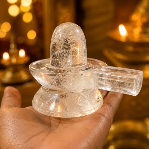 Image of Original Natural Sphatik Carat (Ct) Shivling Yoni Base (Jalhari) | Spatika Lingam Jaladhari | Clear Quartz Crystal Shiva Lingam Abhishekam, Pooja Meditation | Vastu Spiritual Idol (450 Grams)