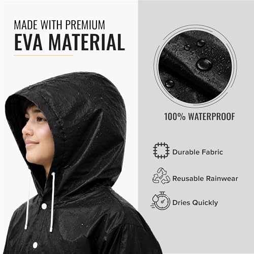Image of Robustt Kids Eva Raincoat for Boys & Girls (8-16 Years) with Full Sleeves with Elastic Cuff | Unisex Hooded Kids Rain Coat with Drawstring | Reusable Raincoat with Snap Button Closure | Knee Length