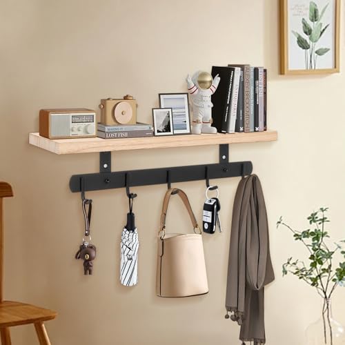 Livabber Wall Mounted Coat Rack with Wooden Shelf, Heavy Duty Wall Hanging Storage with 5 Stainless Steel Hooks for Bathroom, Entryway, Living Room, Bedroom (Black)