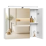 VASAGLE Kailyn Collection BBK139WB01 Badezimmerschrank mit 3 Spiegeltüren und Beleuchtung, verstellbare Regale, moderner Stil, 15 x 70 x 60 cm, Wolkenweiß