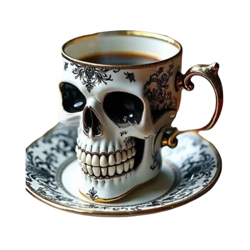 QUXVUIS Service à thé gothique Pour aux accents dorés exquis, ensemble de tasses à tête de mort unique pour des goûters élégants et des cérémonies café...
