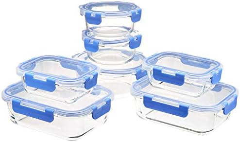 Amazon Basics Glass Food Storage Containers with Locking Lids, Set of 7, 14 Pieces Including Lids, BPA-Free, Clear with Blue Silicone Ring - Thumbnail 3