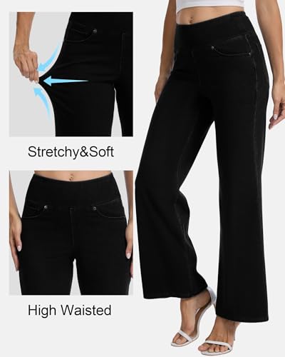 Amzdora Women’s High Waisted Wide Leg Jeans Pull On Stretch Denim Pants Tummy Control Flare Leggings Pants with Pockets, Black, Size 10 - image 5