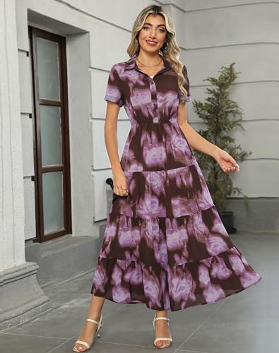 Image of Kranda Women 2026 Summer Collared V Neck Short Sleeve Button Down Chiffon Long Tiered Floral Maxi Dress with Pockets