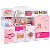 Kitchen Playset for Girls, Pretend Play Kitchen Toy for Dolls with Lights Sounds & Accessories, Gifts for 3 4 5 6 Year Old Toddlers
