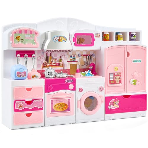 Kitchen Playset for Girls Pretend Play Kitchen Toy for Dolls with Lights Sounds & Accessories Gifts for 3 4 5 6 Year Old Toddlers