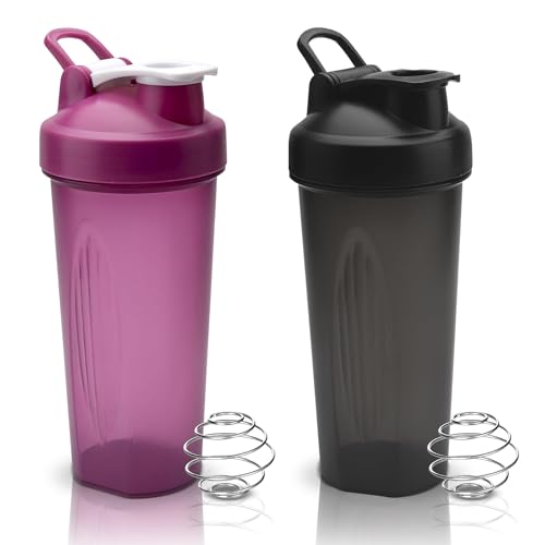 Euablfo 2 Piezas Shaker Proteinas, 600 ml Botella Agitadora, Botella Batidora de Proteínas con 2 Bola Mixta para Fitness, Gimnasio, Deportes, Botellas de Bebidas, Suplemento Negro Morado