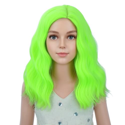 Image of PATTNIUM Neon Green Wig for Kids Girls Short Green Curly Wavy Wigs Side Part Shoulder Length Heat Resistant Synthetic Wig Halloween Cosplay Costume Party Wigs