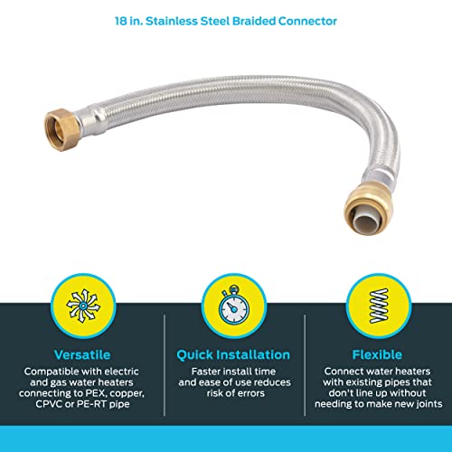 Sharkbite 3/4 Inch X 3/4 Inch Fip X 18 Inch Stainless Steel Braided Flexible Water Heater Connector, Push To Connect Brass Plumbing Fitting, Pex Pipe, Copper, Cpvc, Pe-Rt, Hdpe, U3088Flex18Lf #TOP2