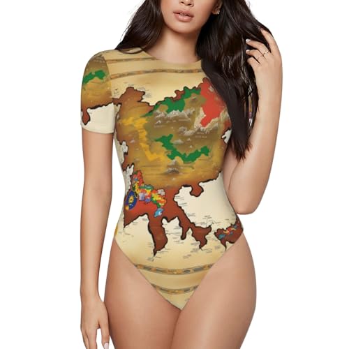 DUWAA Kingdom Of Bhoutan Map03 T-shirt extensible à manches courtes pour femme avec entrejambe à boutons-pression, Noir , S