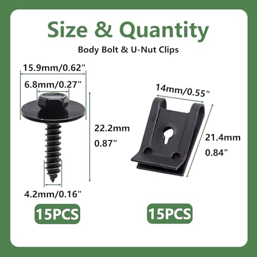 Image of 30Pcs M4.2 Automotive Body Bolt & U-Nut Clips Kit, Multipurpose Fender Bolts Body Fastener Clips for Most Cars Bumper Engine Splash Shield