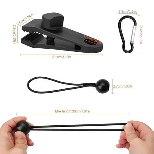 30 Stück Tarp Clips Set, 10 Heavy Duty Tarp Clips mit 10 Zelt Bungees Schnüre und 10 Karabiner Clips für Camping Zelte Abdeckung, schwarz – Bild 3