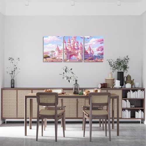 Chambre d'enfant décorée avec ce triptyque de toiles murales roses