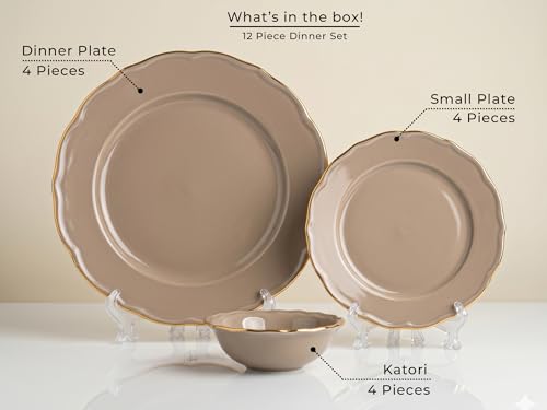 Image of Bodhi House 12-Piece Gold Rim Porcelain Dinner Set | Plates & Bowls Set | Lightweight, Chip Resistant, | Dishwasher Safe | Ideal for Home Dining & Gifting Set | Thunder Grey