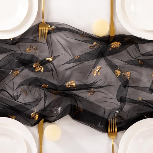 Image of Fall Maple Leaf Table Runner Black Sheer Gauze Foil Table Runner 120 Inch