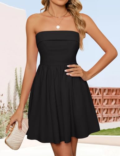Image of ZESICA Women's Summer Strapless Mini Dress 2026 Casual Off Shoulder A Line Swing Boho Beach Vacation Party Short Dresses
