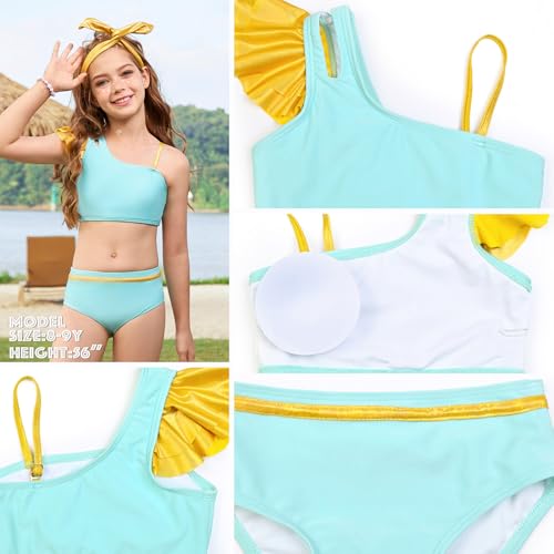 Image of Perfashion Girls Swimsuit Bikini Set Two Piece Bathing Suit Metallic Ruffled One Shoulder Swimwear with Hairband 4-13Y