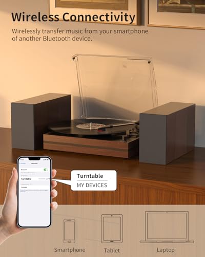Image of Record Player with Two External Speakers Belt-Drive Turntable for Vinyl Records Dual Stereo Speakers Vintage LP Players Support 3 Speed Wireless Playback AUX Headphone Input Auto Stop Wood Brown