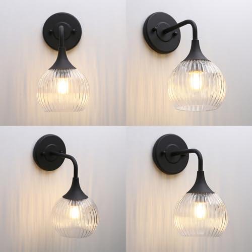 Image of Phansthy Hardwired Modern Wall Sconces, Retro Industrial Wall Lamps, Bathroom Vanity Sconces Wall Lighting with Striped Glass Shade for Bedroom Living Room Corridor Kitchen (Black + Clear Shade)