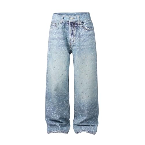 Men’S Print Straight Leg Denim Jeans with Button Fly Mid Waist High Street Patchwork Pants4