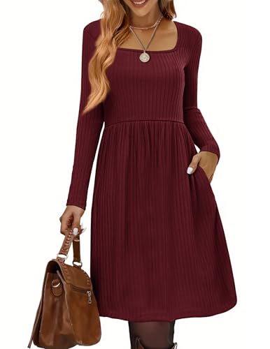 Zeagoo Womens Casual Sweater Dress Square Neck Knit Long Sleeve Dress with Pockets A-Line Knee Length Fall Winter Dress