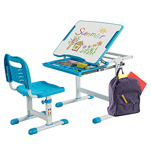 DREAMADE Kinderschreibtisch höhenverstellbar, Schülerschreibtisch Jugendschreibtisch neigungsverstellbar, Schreibtisch Set für Kinder mit Stuhl und Schublade, für Jungs & Mädchen (Blau)