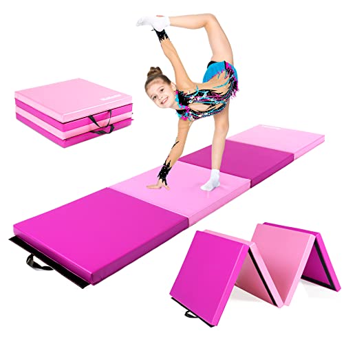 Matladin 8 Folding Gymnastics Gym Exercise Aerobics Mat 8ft x 2ft x 2in PU Leather Tumbling Mats with Hook & Loop Fastener for Stretching Yoga Cheerleading Martial Arts (Purple&Pink)