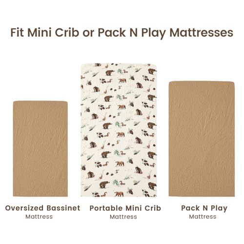 Image of david's kids Muslin Mini Crib Sheets, 2 Pack Cotton Pack N Play Sheets for Boys, Soft Breathable Baby Sheets Fit Pack N Play, Playard and Mini Crib Mattresses, Woodland Animal
