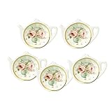 RockTrend Vintage Rose White Porcelain Ceramic Teapot-Shaped Tea Bag Holder Tea Bag Coasters, Spoon Rests; Classic Tea Saucer Seasoning Dish with Flower Trim Gold Rim (Flower A, 5 PCS)