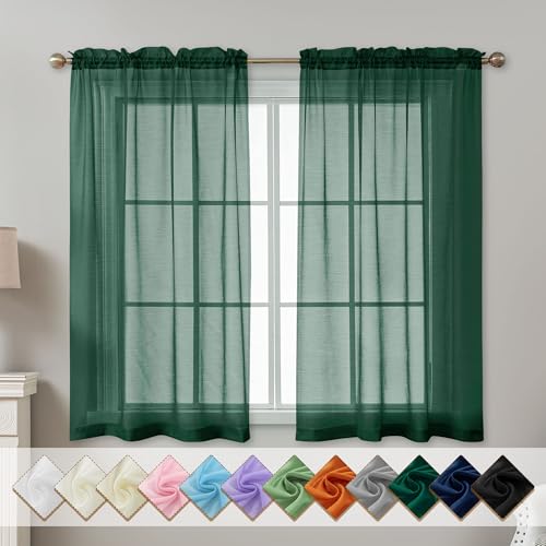 Image of Green Sheer Curtains 54 Inch Length, Privacy Semi Sheer Curtains for Dining Room Kitchen, Light Filtering Rod Pocket Voile Window Drapes 2 Panels Set, Each 42 inch W x 54 inch L