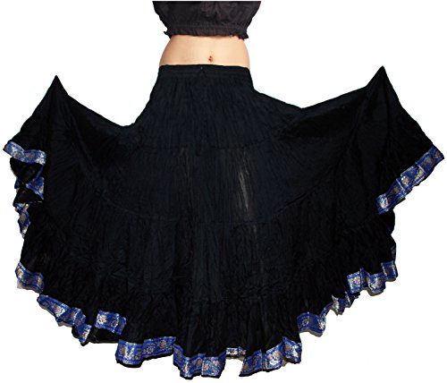 Wevez 25 Yard Tribal Belly Dance Gypsy Skirts for Women (Black Skirt with Blue Lace)