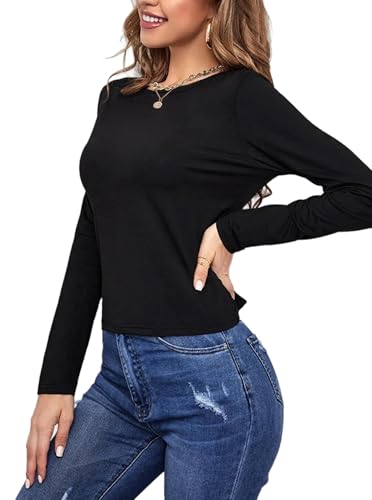 LilyCoco Womens Backless Long Sleeve Top Boat Neck Sexy Tie Back Shirt Solid Tee4