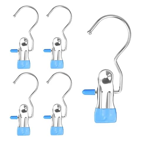 FuninCrea Laundry Hooks Clip, 5 Pcs Stainless Steel Anti-Slip Boot Laundry Hanger Clips Portable Heavy Duty Multi-Functional Single Hanging Clothes Clips for for Scarf, Gloves, Shoes, Socks (Blue) Cover