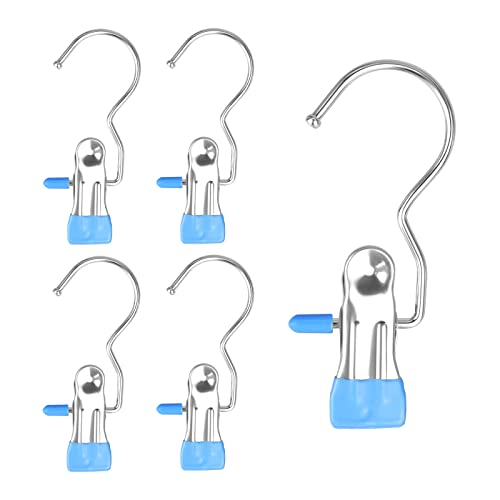 FuninCrea Laundry Hooks Clip, 5 Pcs Stainless Steel Anti-Slip Boot Laundry Hanger Clips Portable Heavy Duty Multi-Functional Single Hanging Clothes Clips for for Scarf, Gloves, Shoes, Socks (Blue)