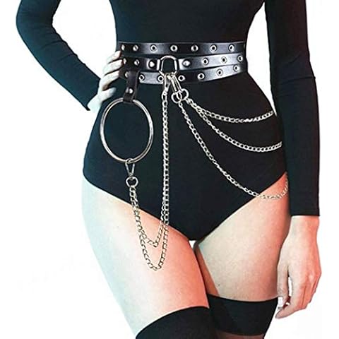 Salliy Punk Waist Chain Black Leather Body Chain Harness Belly Belt Chains Nightclub Party Body Accessories Jewelry for Women (R) Cover