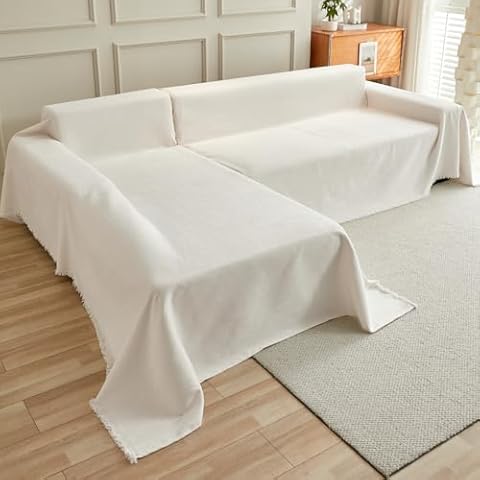 Extra Wide Sectional Couch Covers for Sectional Sofa 2 Pieces Chenille Sofa Covers with Tassel L Shaped Couch Cover for Couches U Shaped Sofa Slipcover (91" x 134" 1pcs + 91" x 150" 1pcs, Beige) Cover