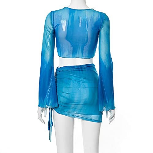 Image of Women's Sexy Long Sleeveless 2 Piece Sheer Mesh Cover Up Dress Crop Top Bodycon Ruched Mini Skirt Sets