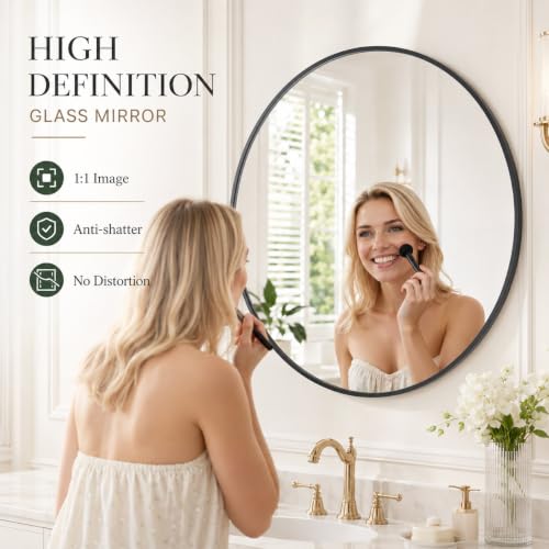 Image of Simple Deluxe 20 Inch Round Bathroom Mirror, Black Vanity Mirror with Metal Frame, Modern Circle for Bathroom, Entryway, Bedroom, Living Room, Wall Mounted Decorative Mirrors (Black)