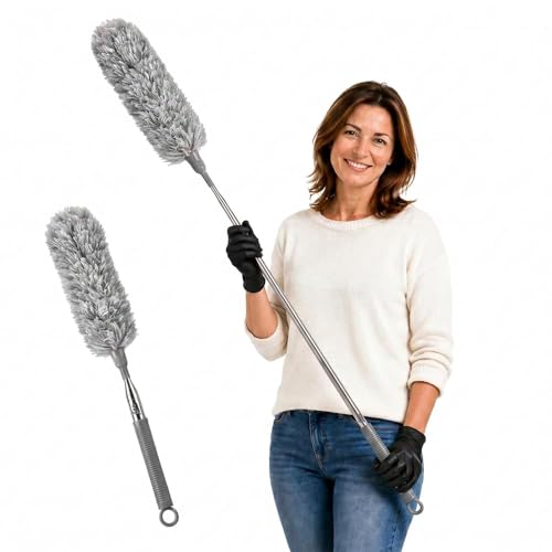 FABRIO Extendable Feather Duster with Bendable Microfibre Head & Telescopic Handle 31-205cm Long Reach Duster for High Ceilings Cobwebs Blinds Furniture and Household Cleaning
