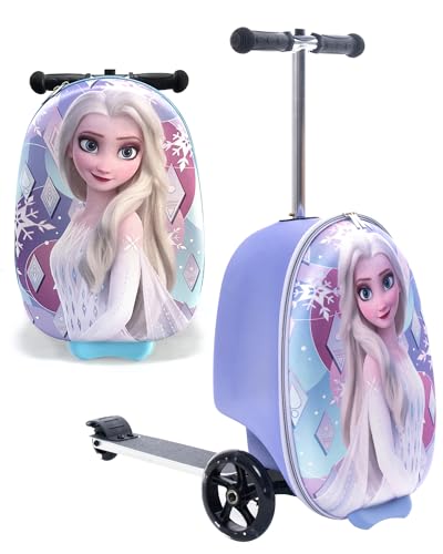 Fast Forward Frozen Scooter Suitcase for Kids – 18” Lightweight Disney Frozen Luggage for Girls – (Luggage 11lbs and Scooter 100lbs) (Frozen)