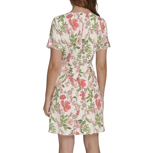 Image of Tommy Hilfiger Women's Pleated Trim Short Sleeve High Neck Shift Mini Dress