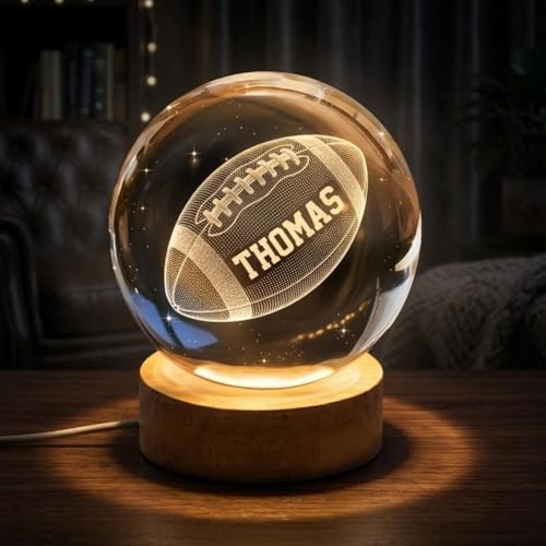 Image of Football Senior Night Gifts - Personalized American Football Crystal Ball Night Light, Custom Engraved LED Lamp with Name, Sports Fan Gift, Kids Teens Room Decor