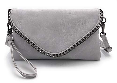 ELIOX - Bolso Clutch de Mujer Elegante con Cadena y Bandolera en Piel Sintética Suave - Bolso Clutch de Noche Pequeño Bolso de Mano para Niña Bolsos Elegantes Ceremonia Boda (GRIS)