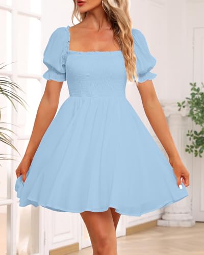 Image of Holipick Women's Casual Square Neck Smocked Dress Shirred Ruffle Puff Sleeve High Waist Cute Flowy A-Line Short Dress