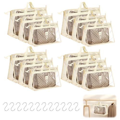 MOAMUN 12 Rangement Sac à Main Blanc avec Fermetures Éclair, Poignée et 12 Crochets, Rangement Sac a Main en Transparent, Organisateur Sac a Main pour Armoire Chambre...