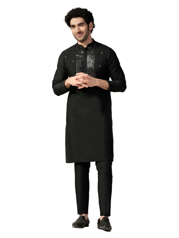 kisah Men's Kurta Trouser Set, Black Cotton Blend, Regular Fit Embellished Mandarin Collar Full Sleeves-picture-45